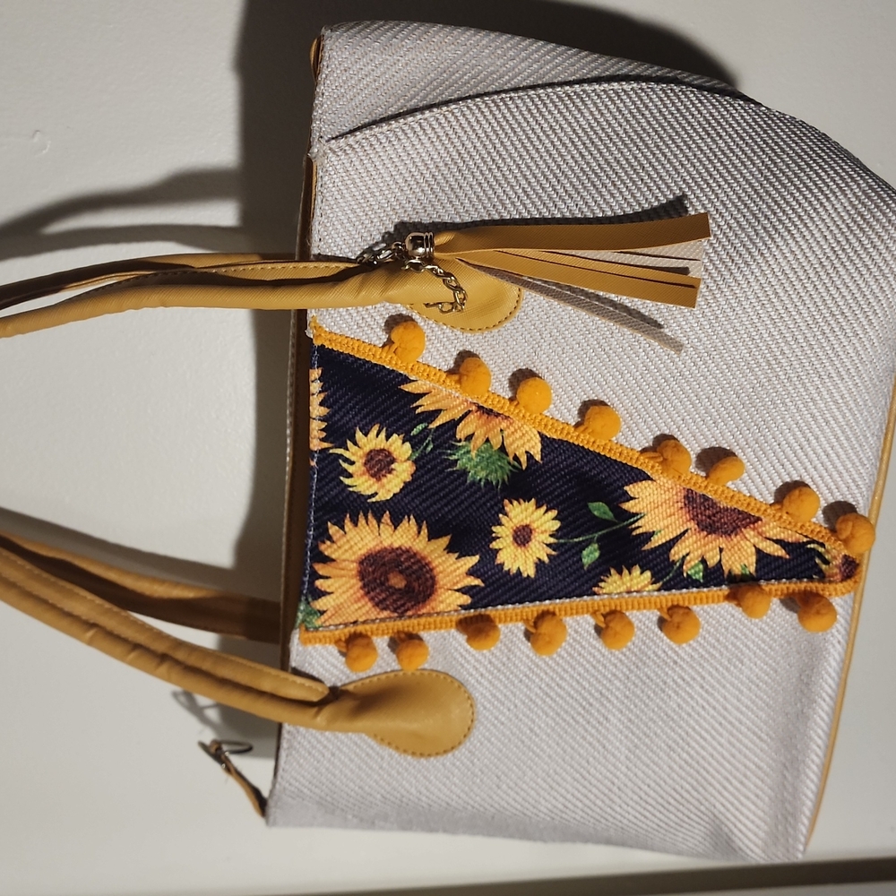 Sunflower Patterned White and Yellow Women's Bag
